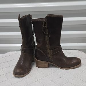 Clarks Womens Mid Height Boots Size 9M Brown Leather Block Heel Interior Zipper